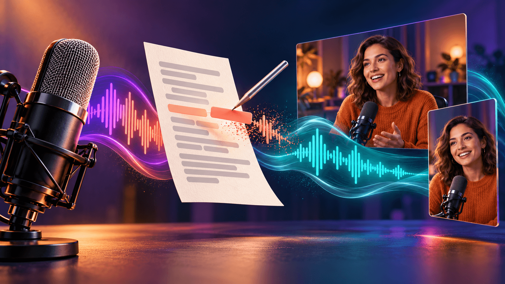 Microphone, transcript, and talking-head video showing how Descript edits from text