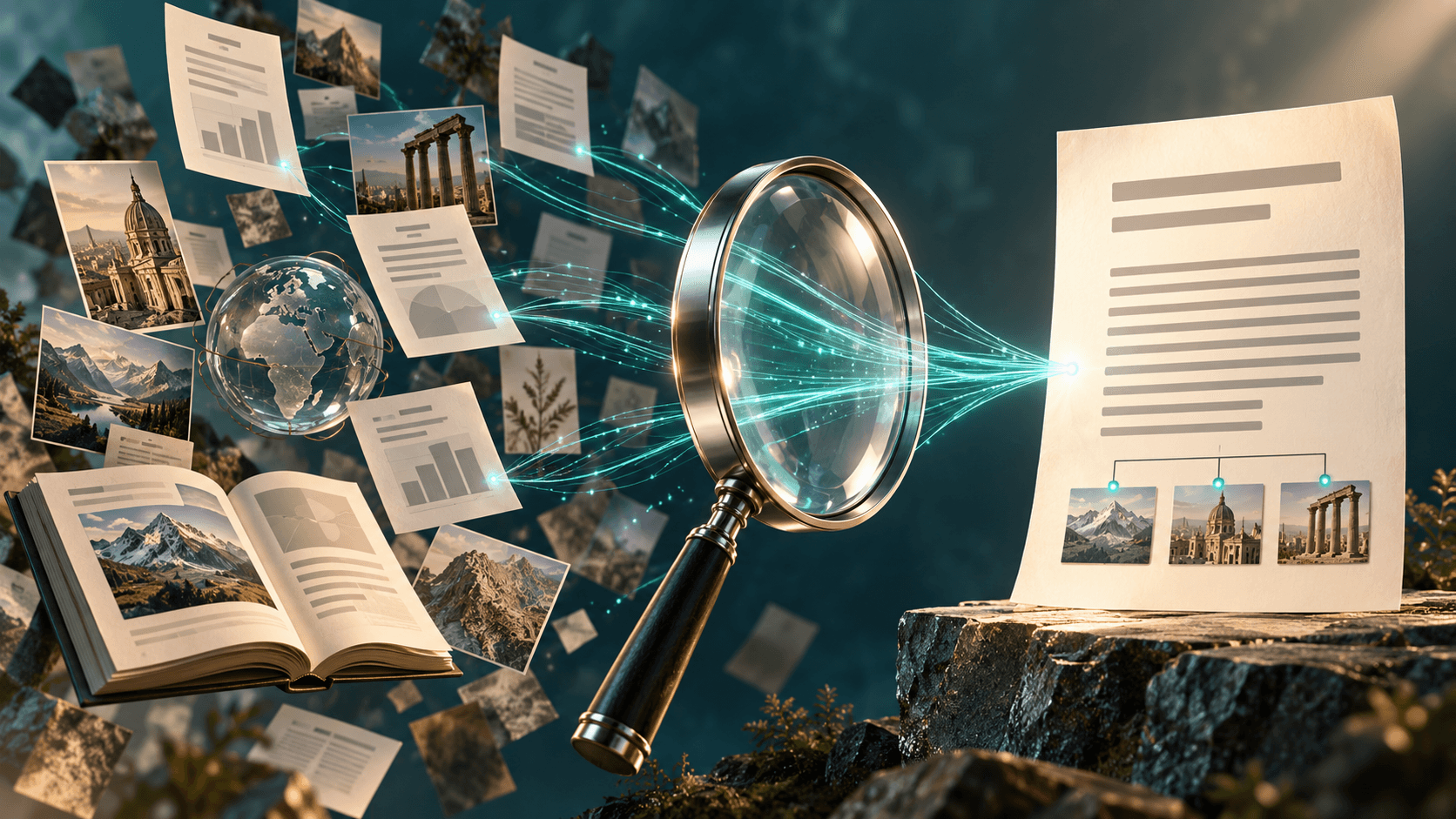 Magnifying glass pulling scattered research pages into one cited answer