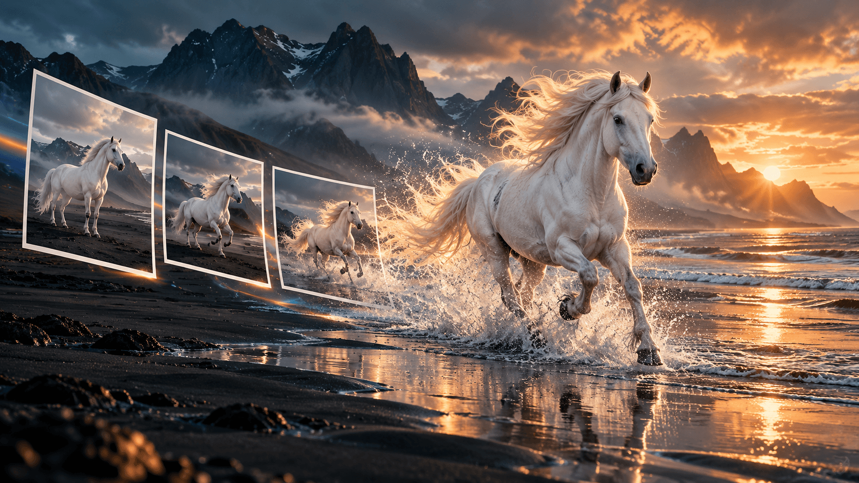 Still frames of a horse becoming a moving shot along a shoreline