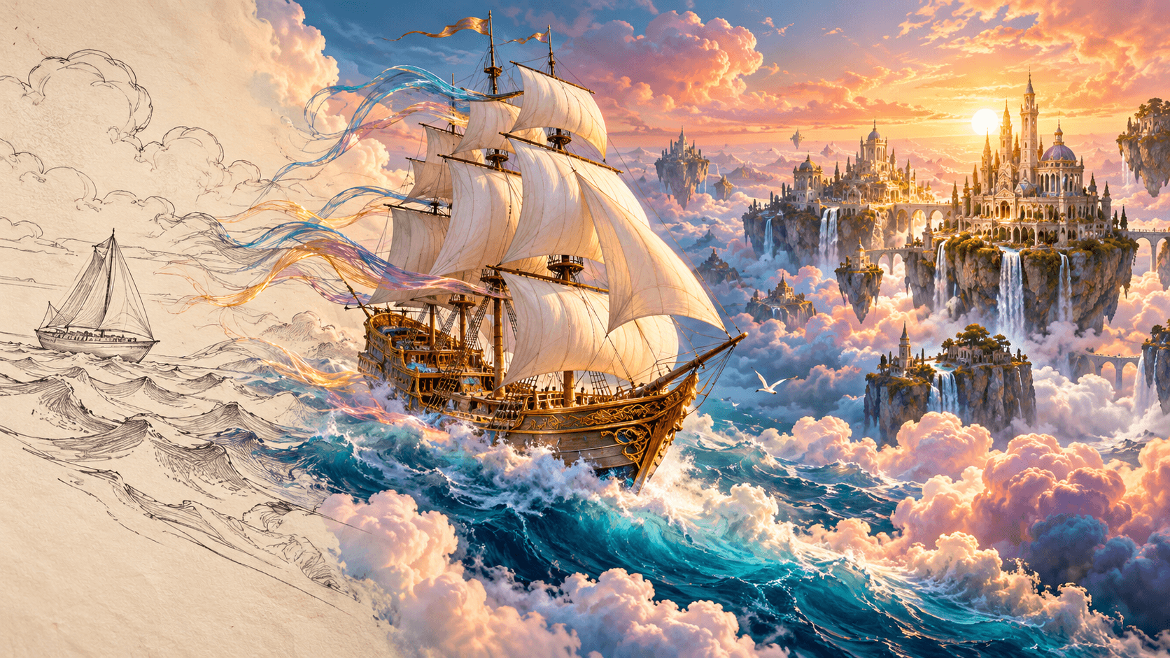 Pencil sketch of a ship becoming a finished painting of a vessel sailing toward a cloud castle